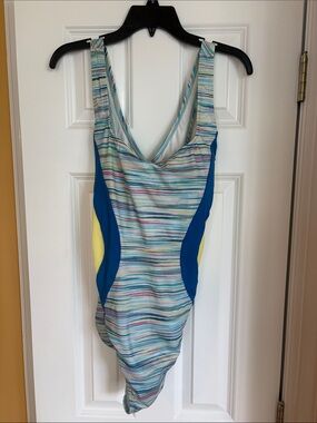 Lands' End Multicolor Stripe One-Piece Swimsuit with Blue & Yellow Panels